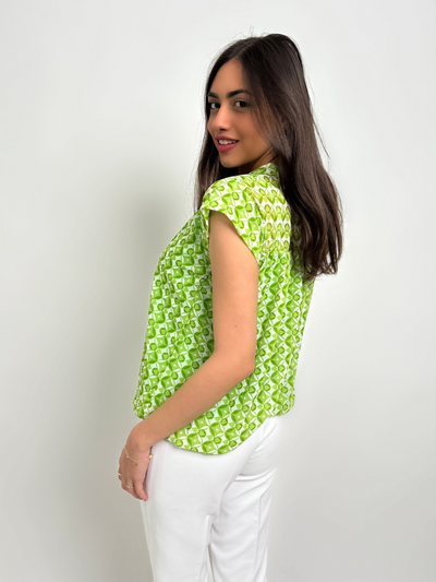 Kate & Pippa Bella Short Sleeved Band Top In Lime Green Print-Nicola Ross