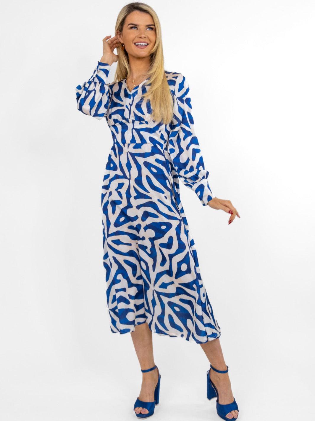 Kate & Pippa Birkin Midi Dress In Blue / Ivory Print-Nicola Ross