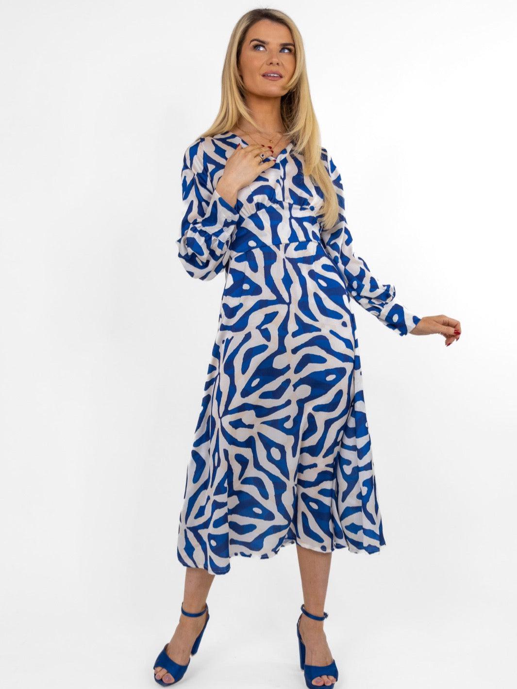Kate & Pippa Birkin Midi Dress In Blue / Ivory Print-Nicola Ross