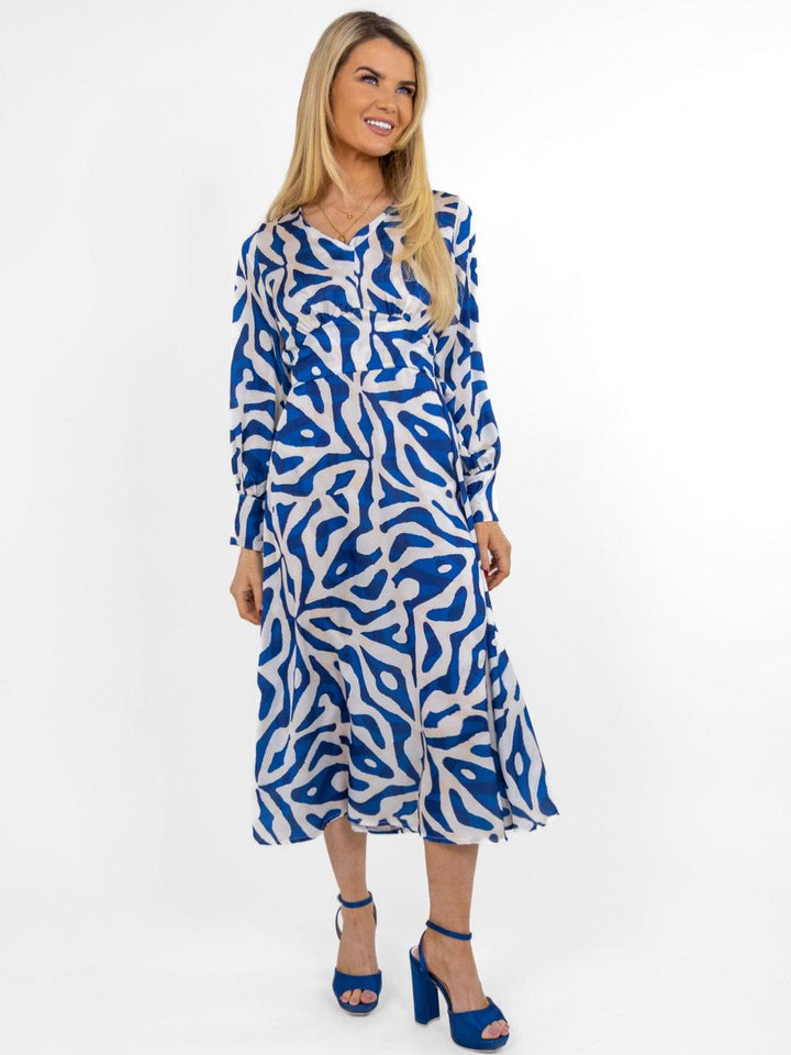 Kate & Pippa Birkin Midi Dress In Blue / Ivory Print-Nicola Ross