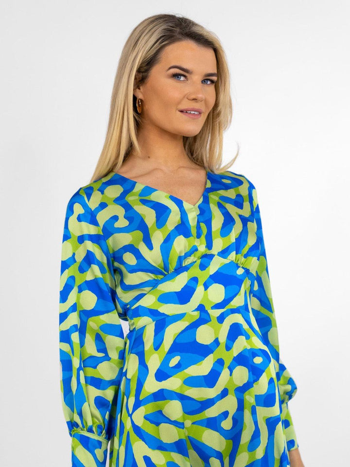 Kate & Pippa Birkin Midi Dress In Blue / Lime Print-Nicola Ross