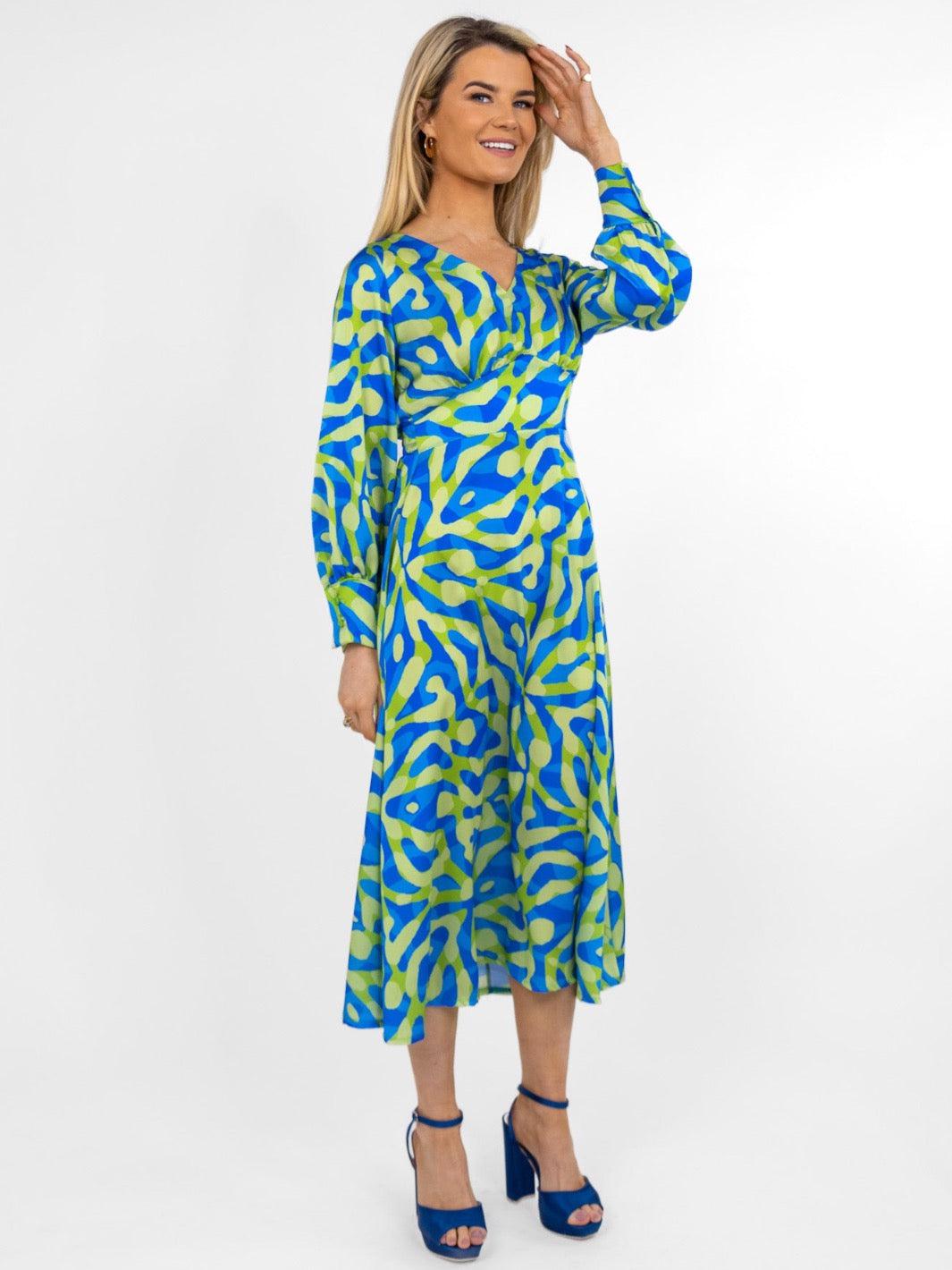 Kate & Pippa Birkin Midi Dress In Blue / Lime Print-Nicola Ross