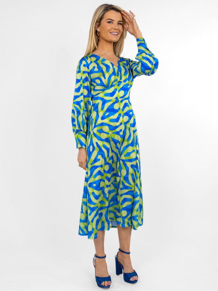 Kate & Pippa Birkin Midi Dress In Blue / Lime Print-Nicola Ross