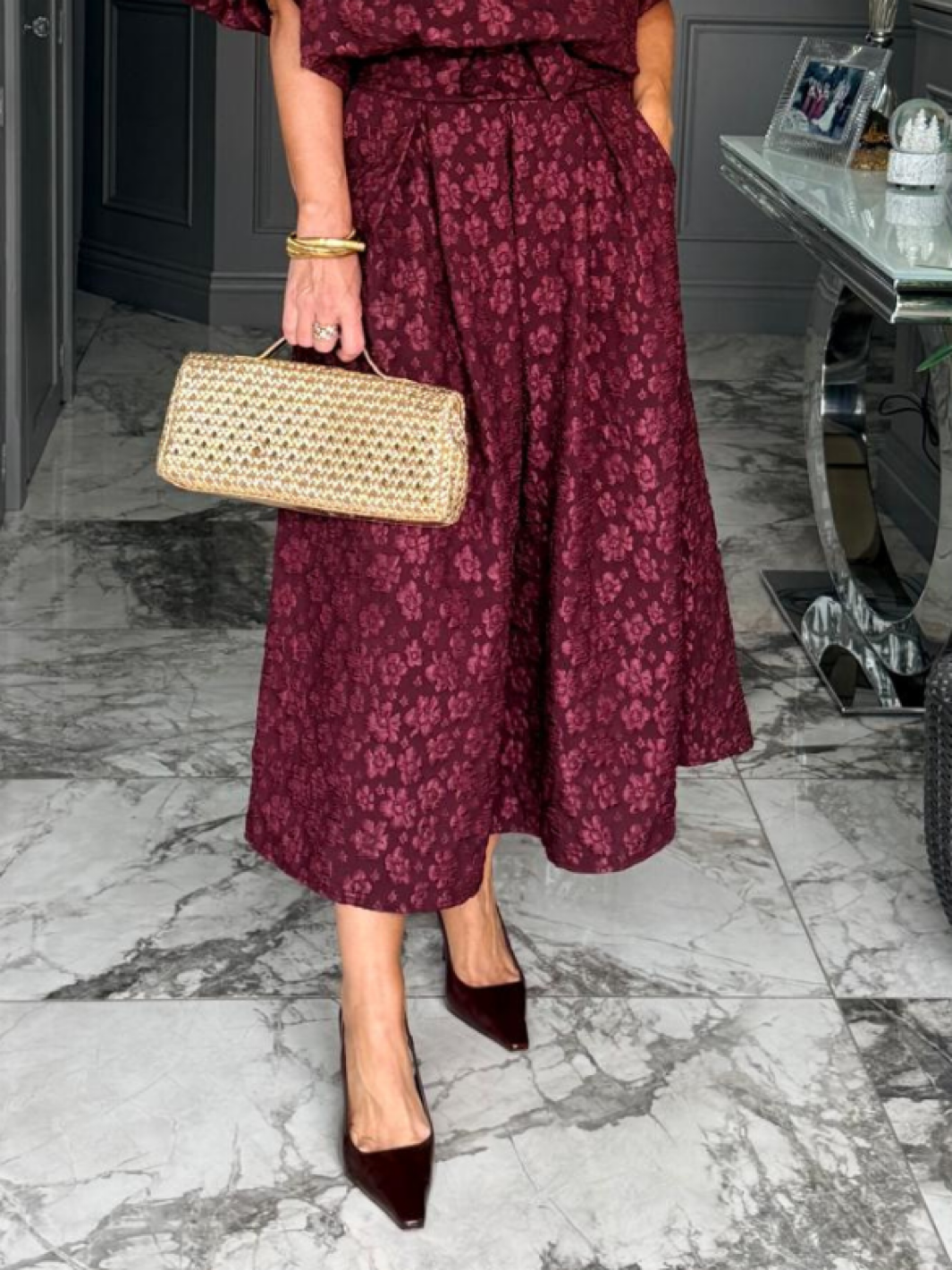 Kate & Pippa Blair Jacquard Skirt In Burgundy-Nicola Ross