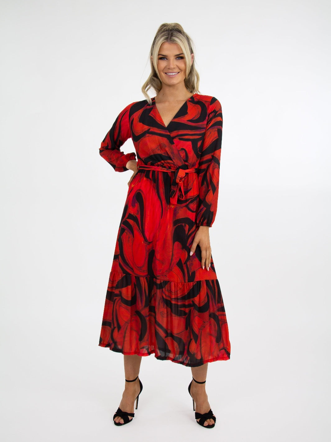 Kate & Pippa Boho Midi Dress In Black/Red Print-Nicola Ross