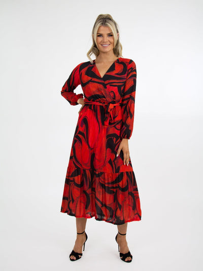 Kate & Pippa Boho Midi Dress In Black/Red Print-Nicola Ross
