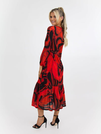 Kate & Pippa Boho Midi Dress In Black/Red Print-Nicola Ross
