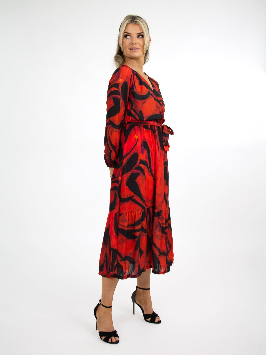 Kate & Pippa Boho Midi Dress In Black/Red Print-Nicola Ross
