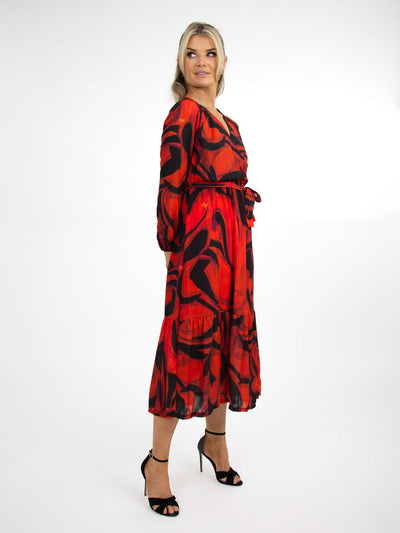 Kate & Pippa Boho Midi Dress In Black/Red Print-Nicola Ross