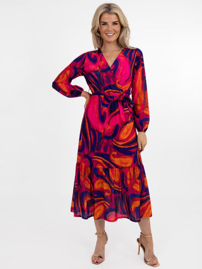 Kate & Pippa Boho Midi Dress In Pink/Navy/Red Print-Nicola Ross