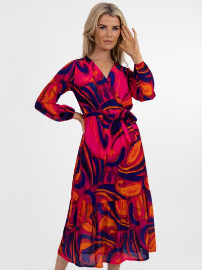 Kate & Pippa Boho Midi Dress In Pink/Navy/Red Print-Nicola Ross