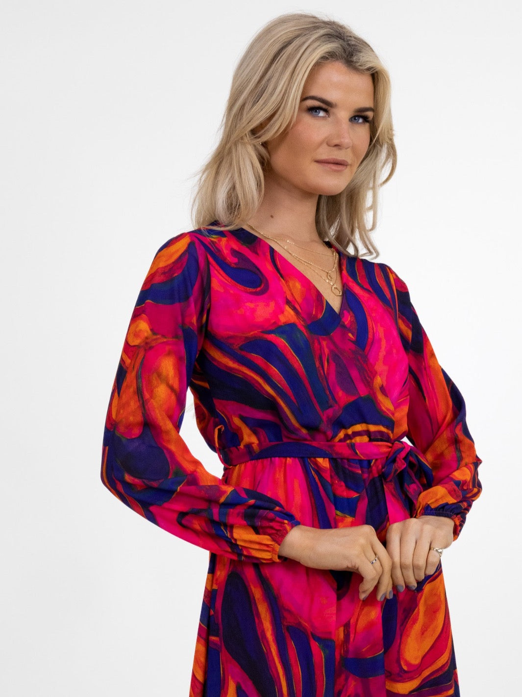 Kate & Pippa Boho Midi Dress In Pink/Navy/Red Print-Nicola Ross