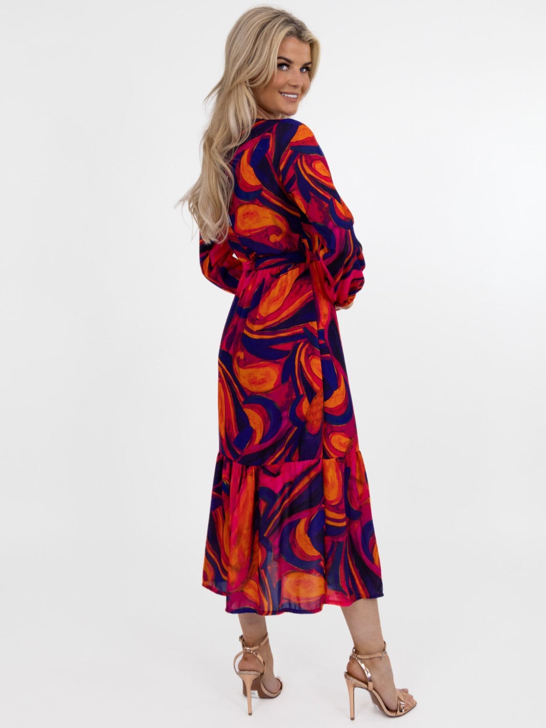 Kate & Pippa Boho Midi Dress In Pink/Navy/Red Print-Nicola Ross