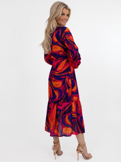 Kate & Pippa Boho Midi Dress In Pink/Navy/Red Print-Nicola Ross