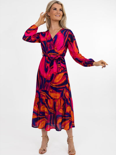 Kate & Pippa Boho Midi Dress In Pink/Navy/Red Print-Nicola Ross