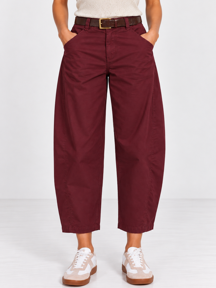 Kate & Pippa Bury Barrel Trousers In Burgundy-Nicola Ross