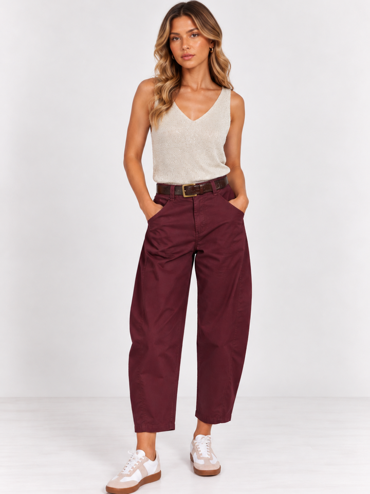 Kate & Pippa Bury Barrel Trousers In Burgundy-Nicola Ross