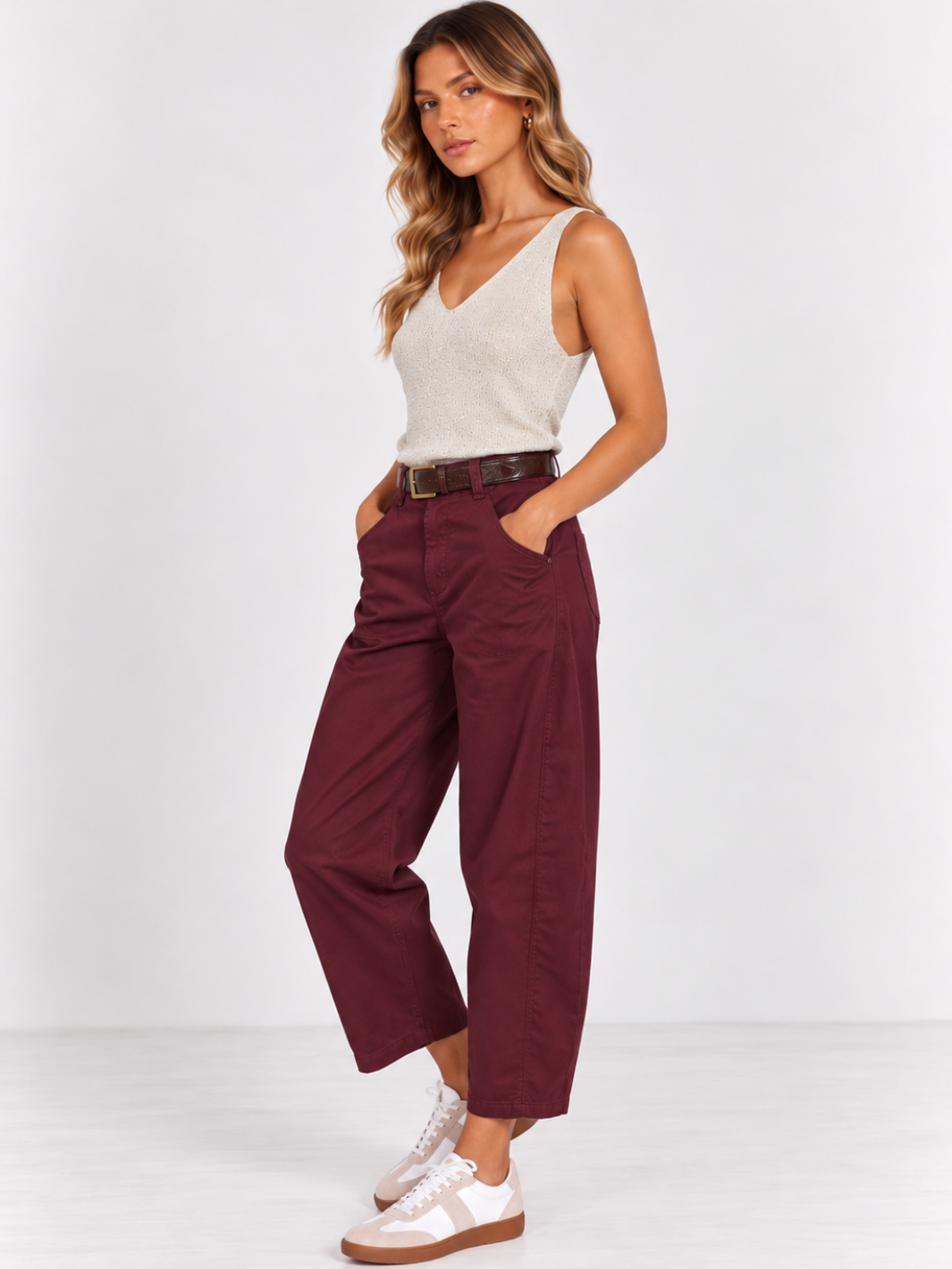 Kate & Pippa Bury Barrel Trousers In Burgundy-Nicola Ross