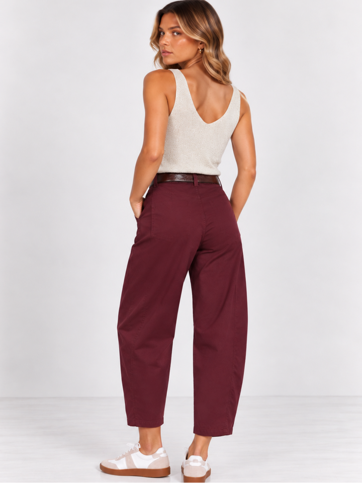 Kate & Pippa Bury Barrel Trousers In Burgundy-Nicola Ross