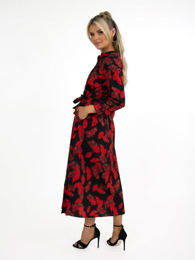 Kate & Pippa Capri Dress In Black/Red Feather Leaf Print-Nicola Ross