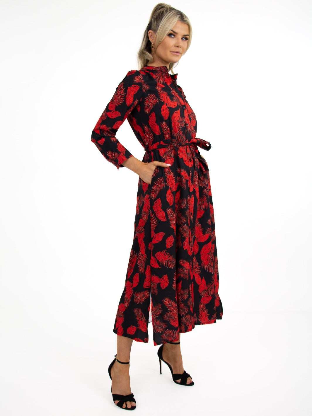 Kate & Pippa Capri Dress In Black/Red Feather Leaf Print-Nicola Ross
