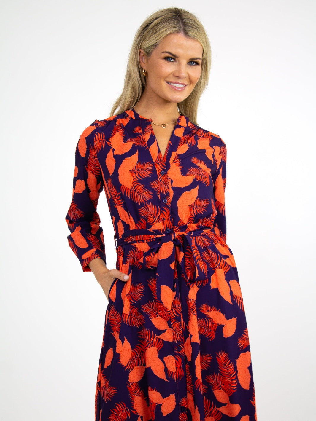 Kate & Pippa Capri Dress In Navy / Orange Feather Leaf Print-Nicola Ross