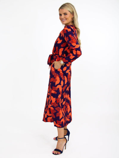 Kate & Pippa Capri Dress In Navy / Orange Feather Leaf Print-Nicola Ross