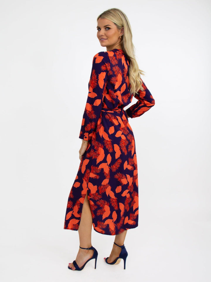 Kate & Pippa Capri Dress In Navy / Orange Feather Leaf Print-Nicola Ross