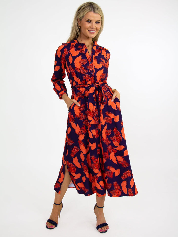 Kate & Pippa Capri Dress In Navy / Orange Feather Leaf Print-Nicola Ross