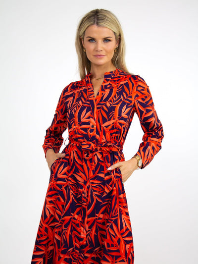 Kate & Pippa Capri Dress In Navy / Orange Leaf Print-Nicola Ross