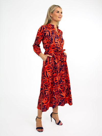 Kate & Pippa Capri Dress In Navy / Orange Leaf Print-Nicola Ross