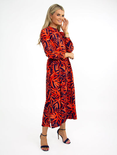 Kate & Pippa Capri Dress In Navy / Orange Leaf Print-Nicola Ross