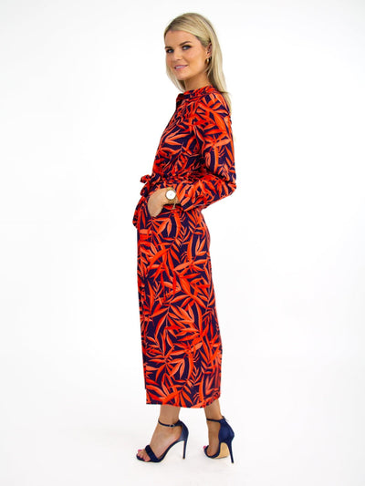 Kate & Pippa Capri Dress In Navy / Orange Leaf Print-Nicola Ross