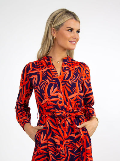 Kate & Pippa Capri Dress In Navy / Orange Leaf Print-Nicola Ross