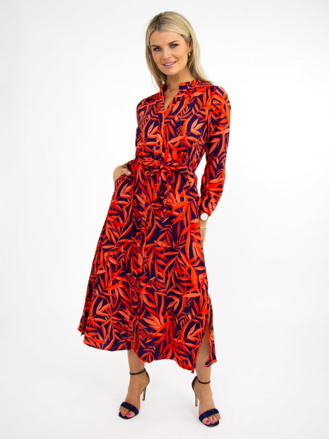 Kate & Pippa Capri Dress In Navy / Orange Leaf Print-Nicola Ross