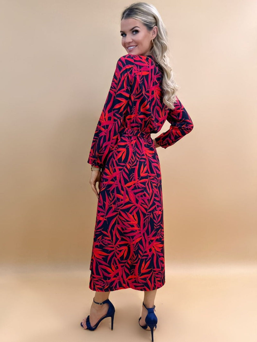 Kate & Pippa Capri Dress AW22 - Navy /Red/Pink Leaf-Nicola Ross