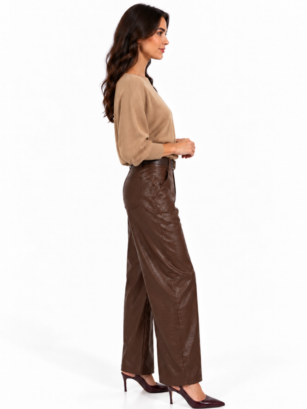 Kate & Pippa Celine Croc Faux Leather Trousers In Chocolate Brown-Nicola Ross