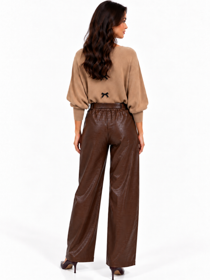 Kate & Pippa Celine Croc Faux Leather Trousers In Chocolate Brown-Nicola Ross