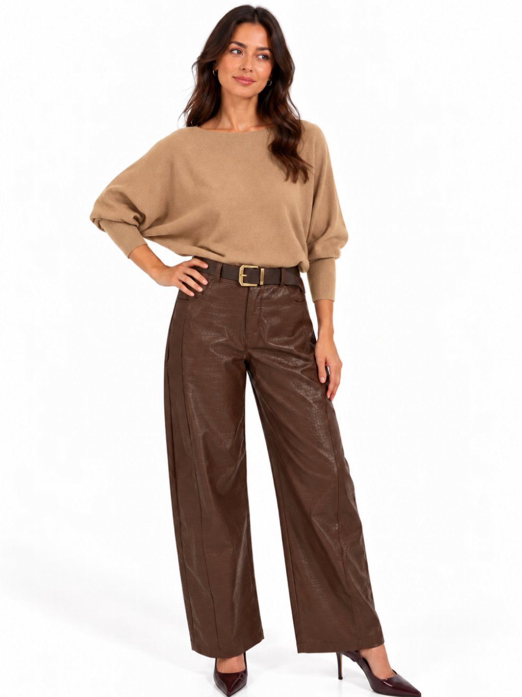 Kate & Pippa Celine Croc Faux Leather Trousers In Chocolate Brown-Nicola Ross