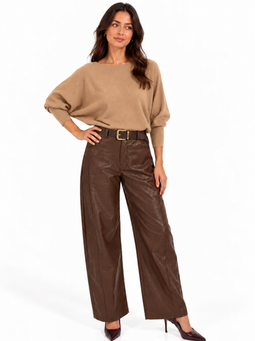 Kate & Pippa Celine Croc Faux Leather Trousers In Chocolate Brown-Nicola Ross