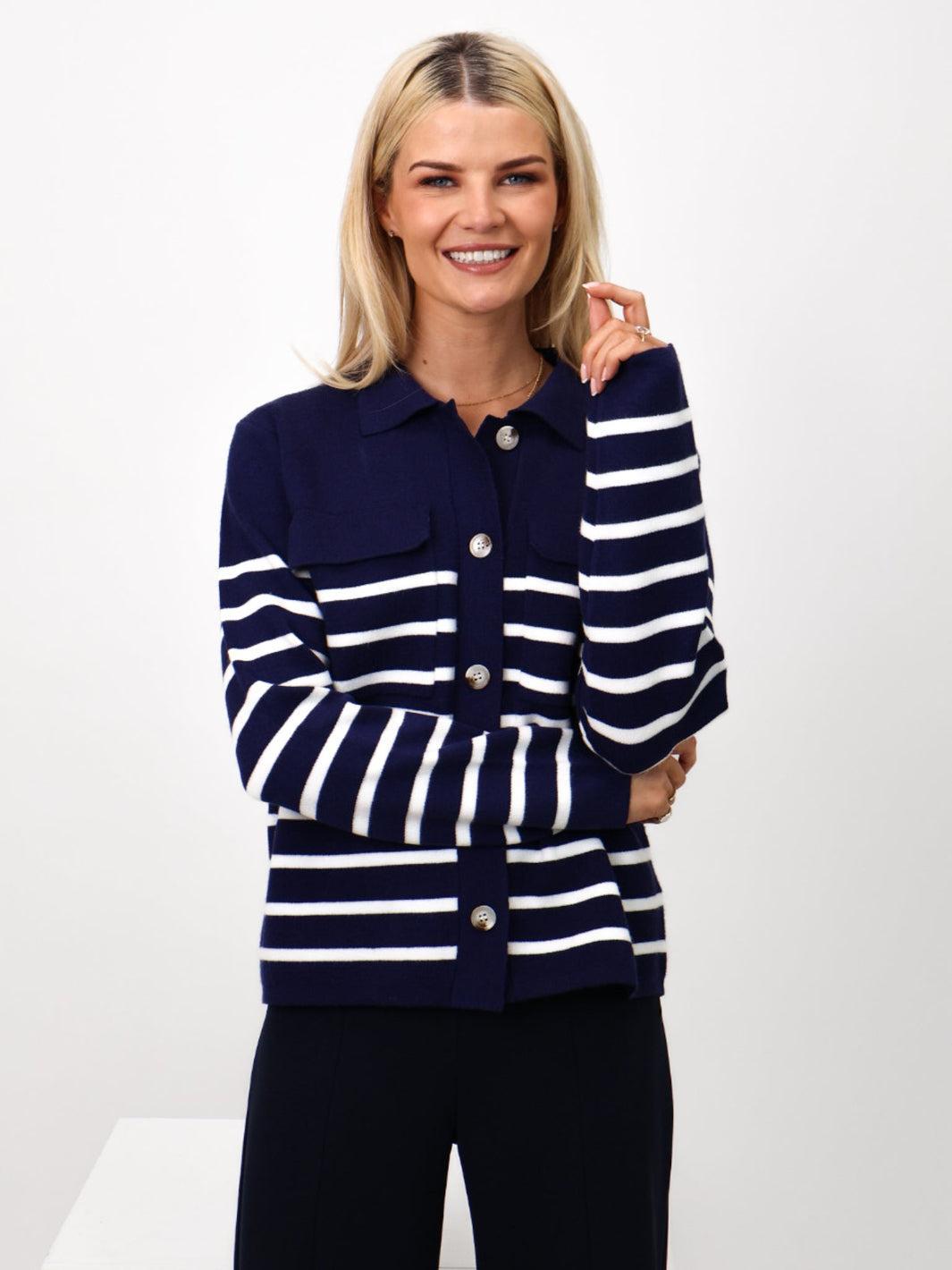 Kate & Pippa Dani Cardigan In Navy / White Stripe-Nicola Ross