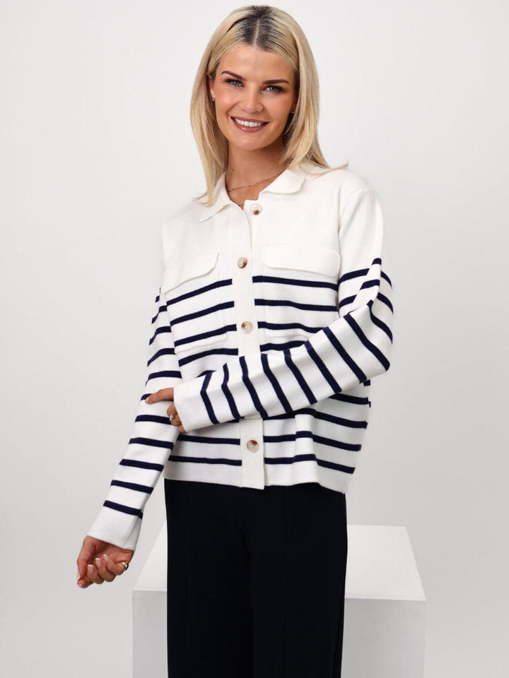 Kate & Pippa Dani Cardigan In White / Navy Stripe-Nicola Ross
