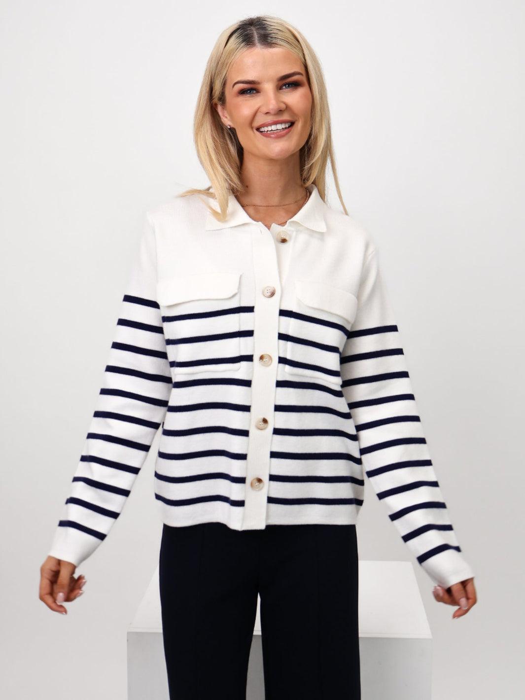 Kate & Pippa Dani Cardigan In White / Navy Stripe-Nicola Ross