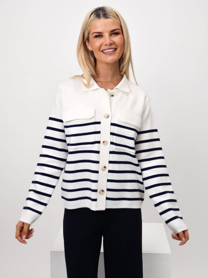 Kate & Pippa Dani Cardigan In White / Navy Stripe-Nicola Ross