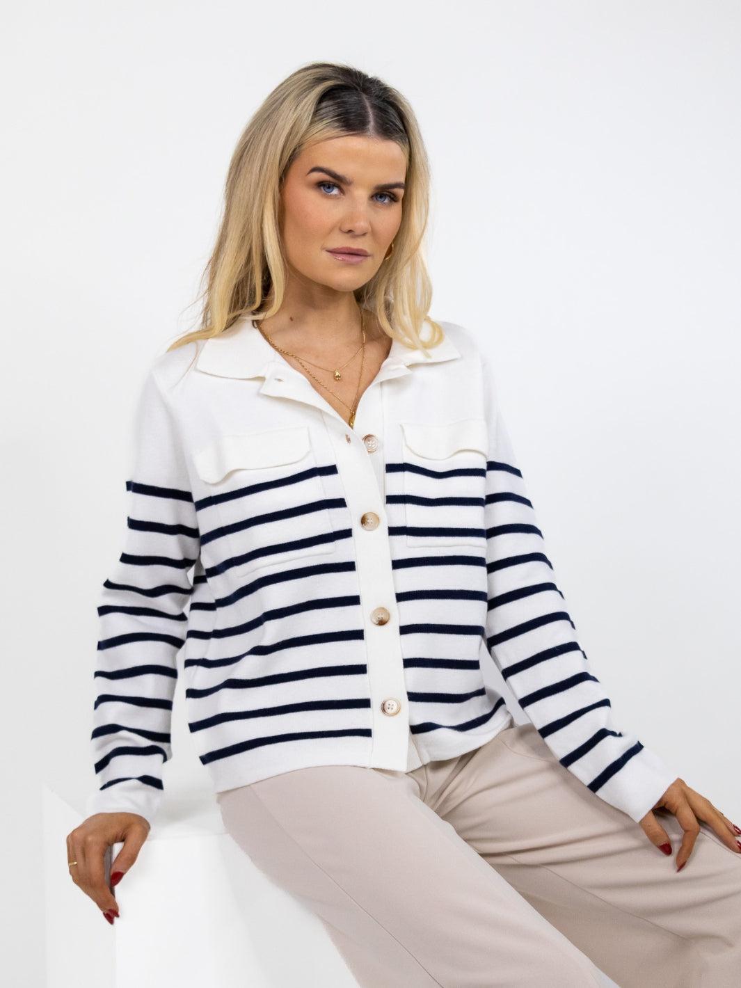 Kate & Pippa Dani Cardigan In White / Navy Stripe-Nicola Ross