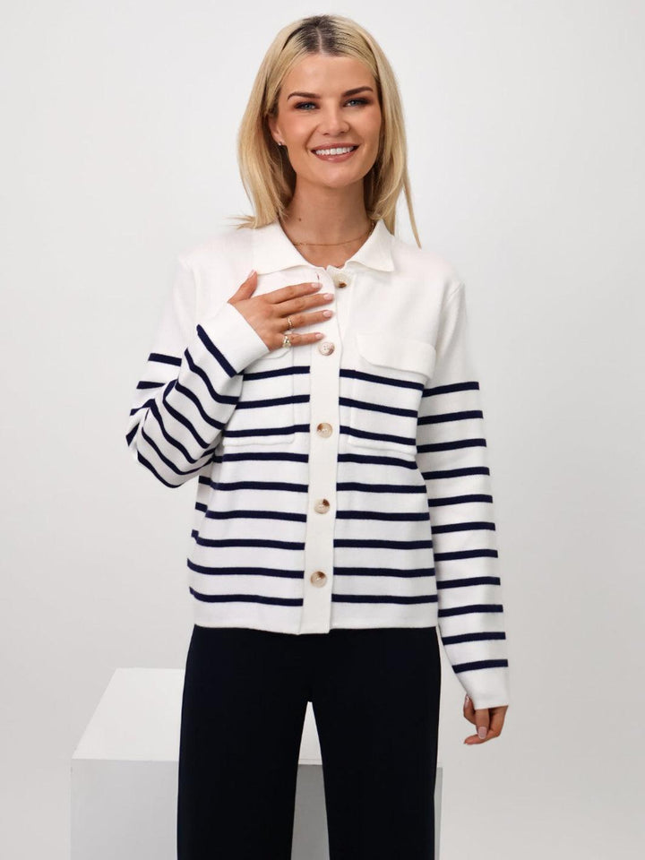 Kate & Pippa Dani Cardigan In White / Navy Stripe-Nicola Ross