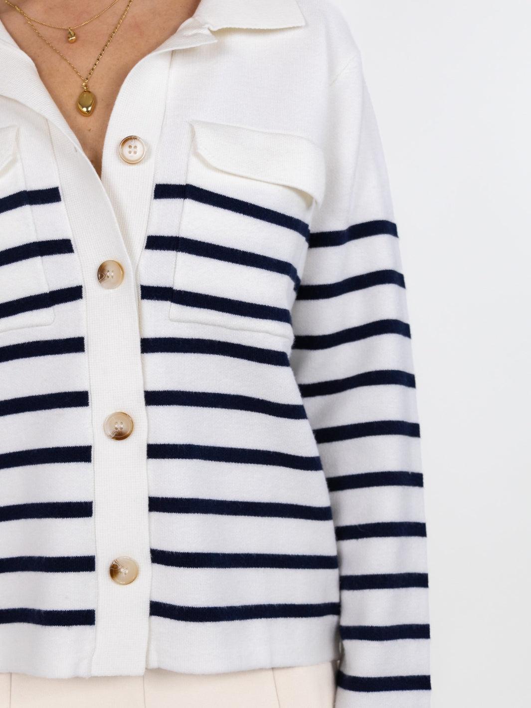 Kate & Pippa Dani Cardigan In White / Navy Stripe-Nicola Ross