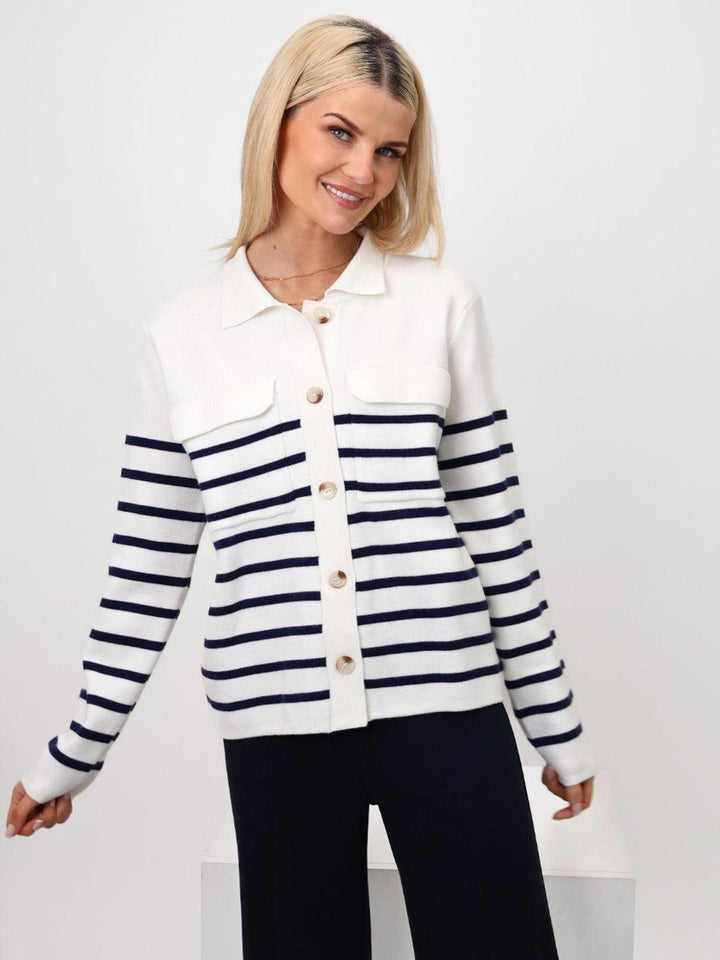 Kate & Pippa Dani Cardigan In White / Navy Stripe-Nicola Ross
