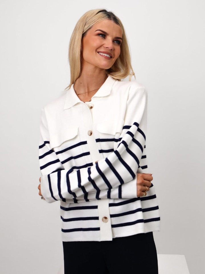 Kate & Pippa Dani Cardigan In White / Navy Stripe-Nicola Ross