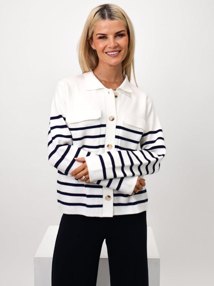 Kate & Pippa Dani Cardigan In White / Navy Stripe-Nicola Ross